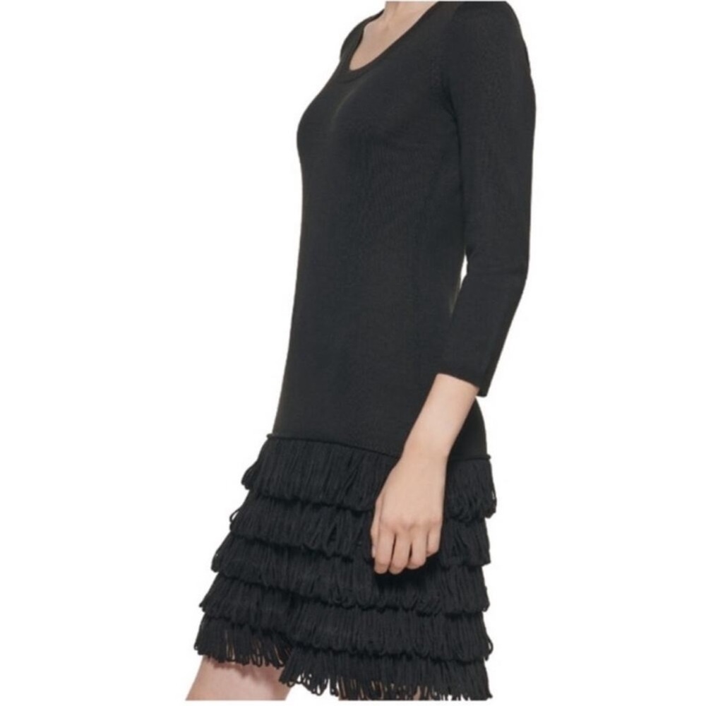 Soft Surroundings Black Long Sleeve Sweater Fringe Dress NWT Wool Blend